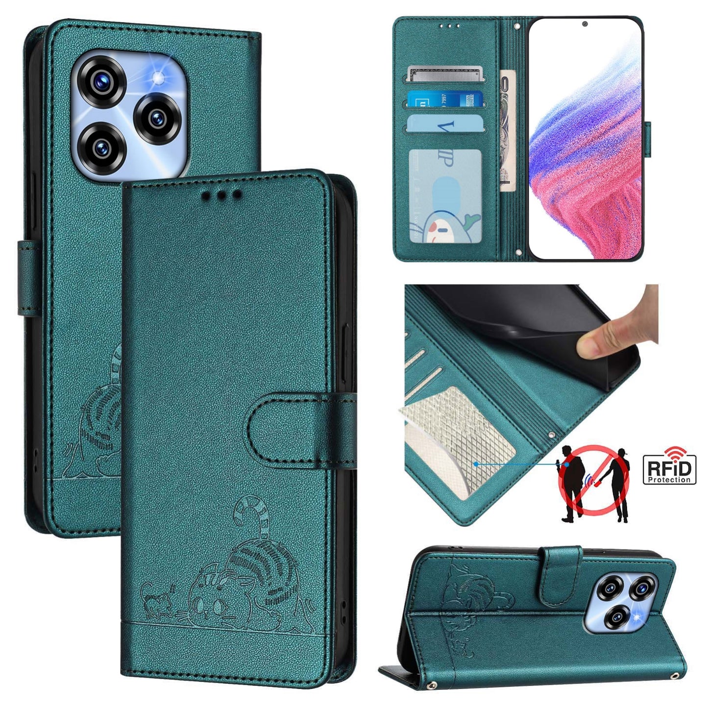 Oukitel C50 Cat & Rat Embossed RFID Leather Case, Lanyard, Wallet, Card Slots, Kickstand, Anti-Fall, Scratch-Resistant