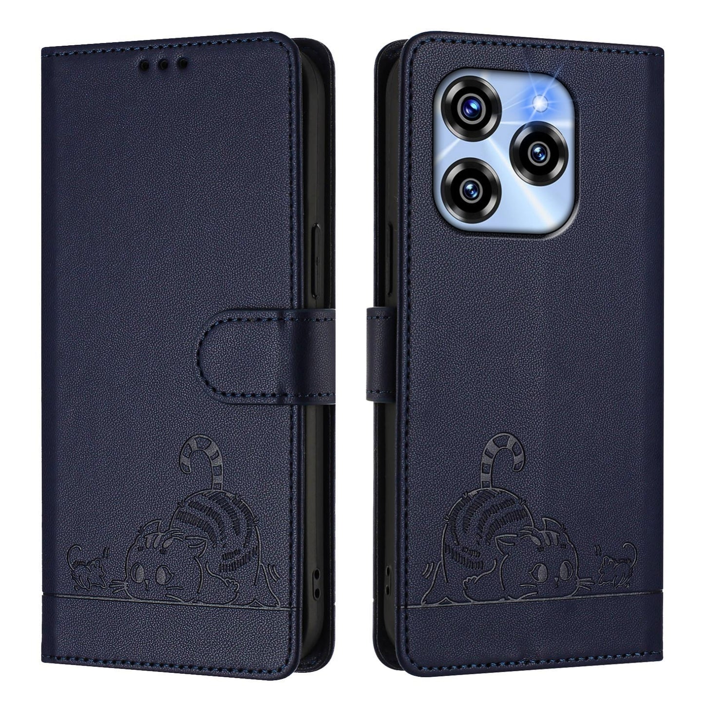 Oukitel C50 Cat & Rat Embossed RFID Leather Case, Lanyard, Wallet, Card Slots, Kickstand, Anti-Fall, Scratch-Resistant