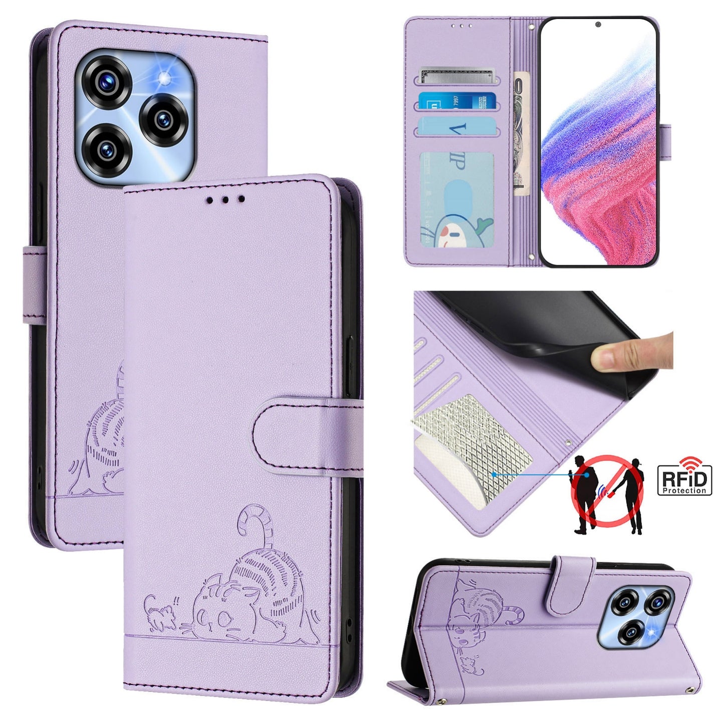 Oukitel C50 Cat & Rat Embossed RFID Leather Case, Lanyard, Wallet, Card Slots, Kickstand, Anti-Fall, Scratch-Resistant