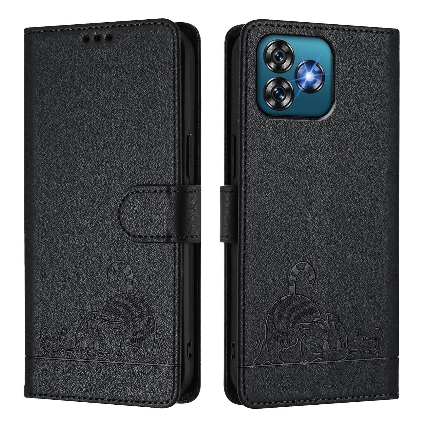 Oukitel C53 Cat & Rat Embossed RFID Leather Case, Lanyard, Wallet, Card Slots, Kickstand, Anti-Fall, Scratch-Resistant