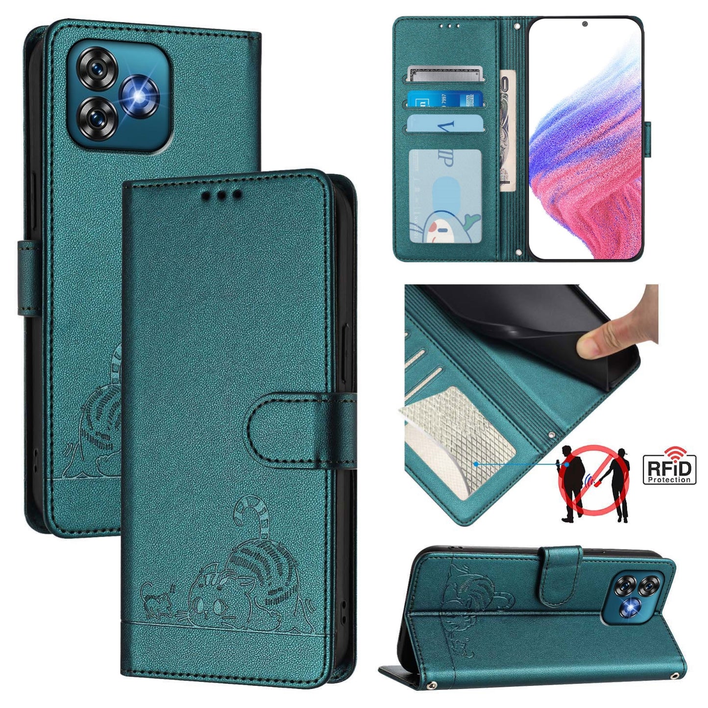 Oukitel C53 Cat & Rat Embossed RFID Leather Case, Lanyard, Wallet, Card Slots, Kickstand, Anti-Fall, Scratch-Resistant