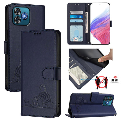 Oukitel C53 Cat & Rat Embossed RFID Leather Case, Lanyard, Wallet, Card Slots, Kickstand, Anti-Fall, Scratch-Resistant