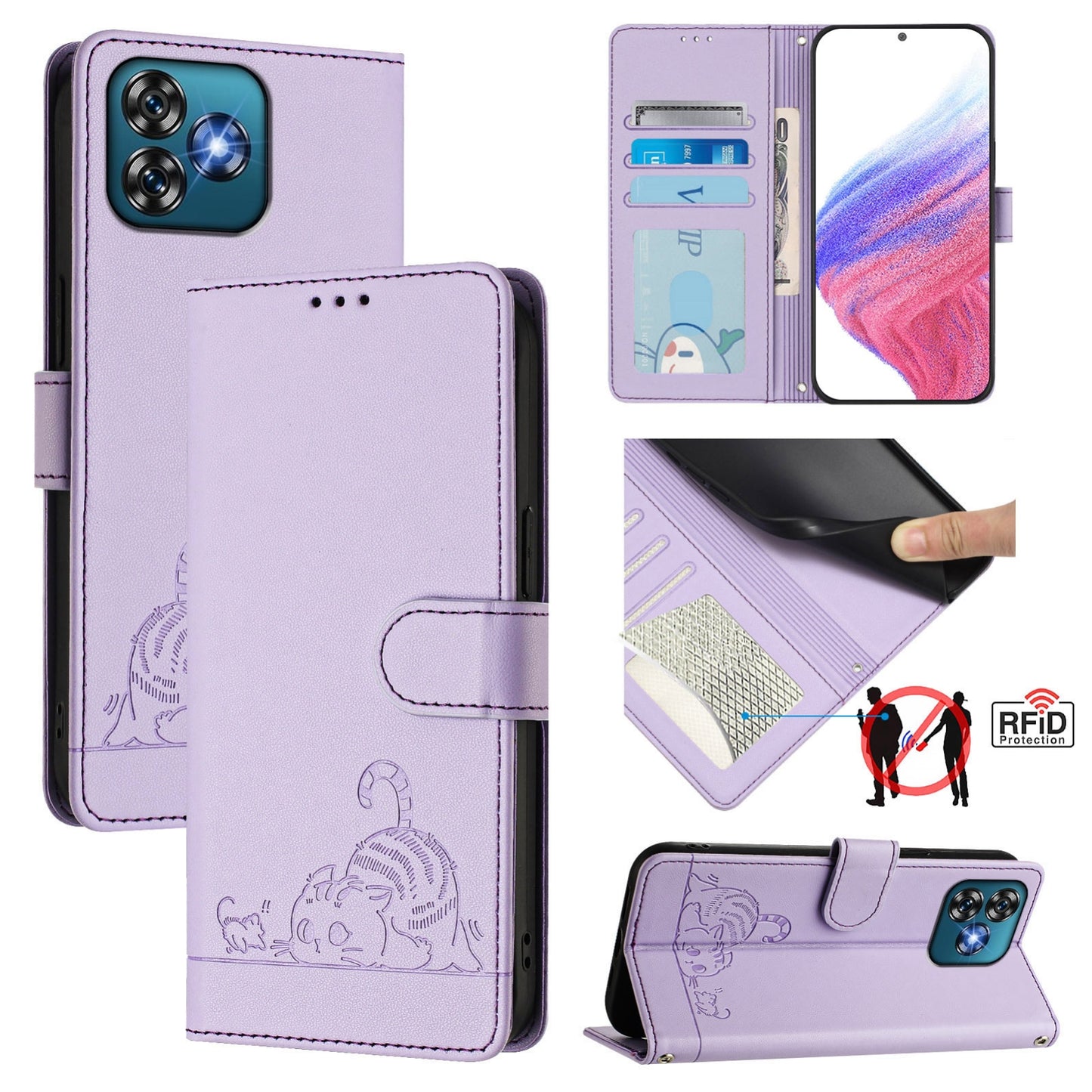 Oukitel C53 Cat & Rat Embossed RFID Leather Case, Lanyard, Wallet, Card Slots, Kickstand, Anti-Fall, Scratch-Resistant
