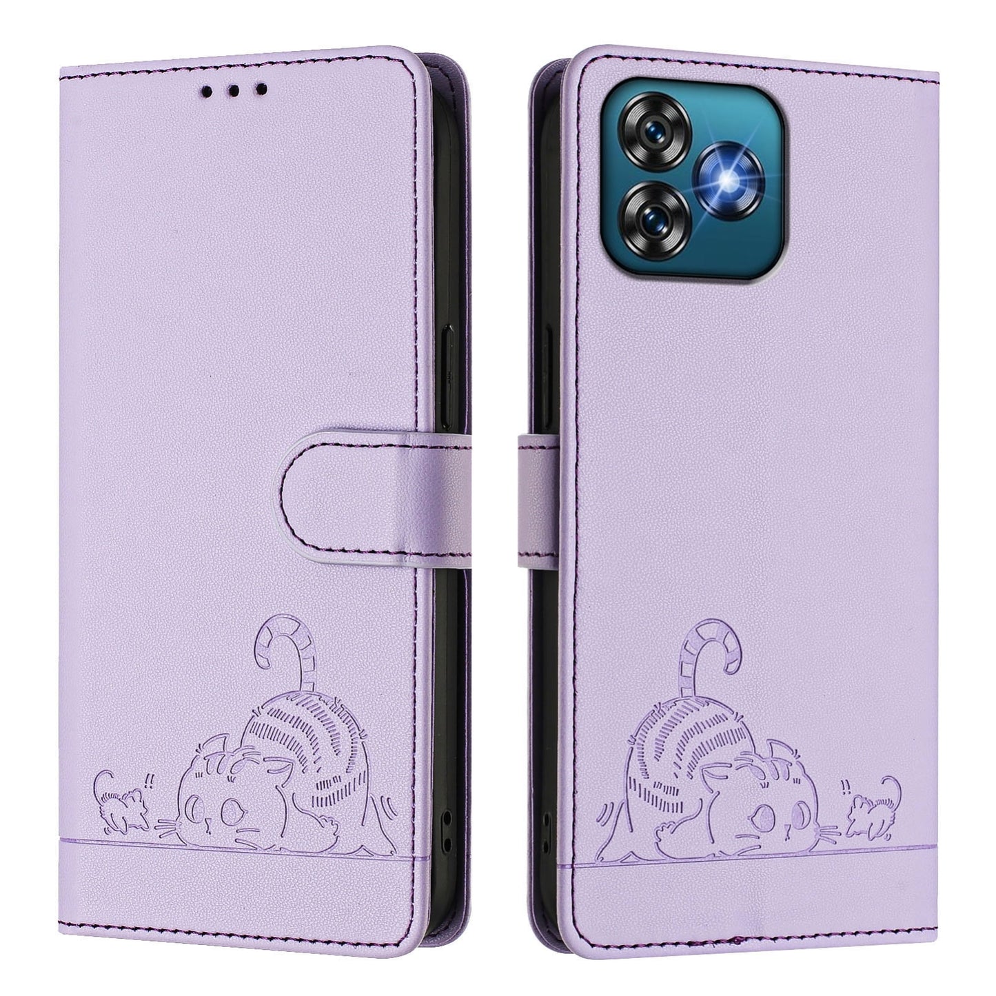 Oukitel C53 Cat & Rat Embossed RFID Leather Case, Lanyard, Wallet, Card Slots, Kickstand, Anti-Fall, Scratch-Resistant