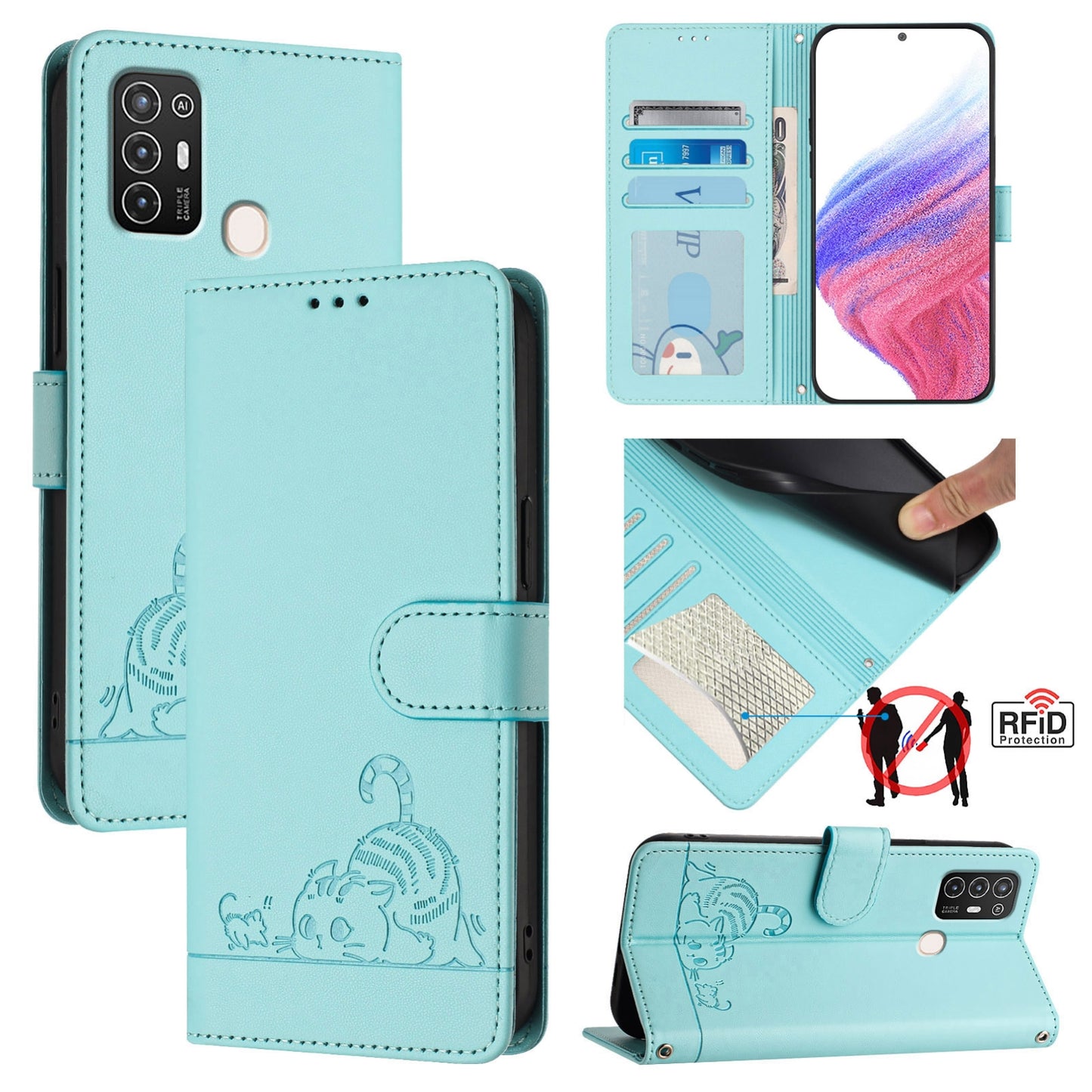 ZTE Blade A52 Cat & Rat Embossed RFID Leather Case, Lanyard, Wallet, Card Slots, Kickstand, Anti-Fall, Scratch-Resistant