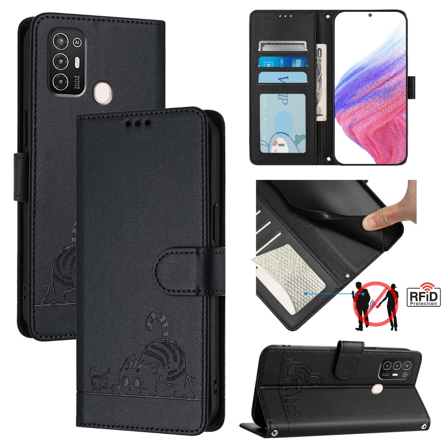 ZTE Blade A52 Cat & Rat Embossed RFID Leather Case, Lanyard, Wallet, Card Slots, Kickstand, Anti-Fall, Scratch-Resistant