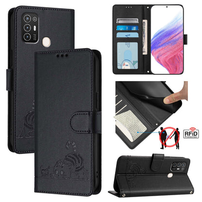 ZTE Blade A52 Cat & Rat Embossed RFID Leather Case, Lanyard, Wallet, Card Slots, Kickstand, Anti-Fall, Scratch-Resistant