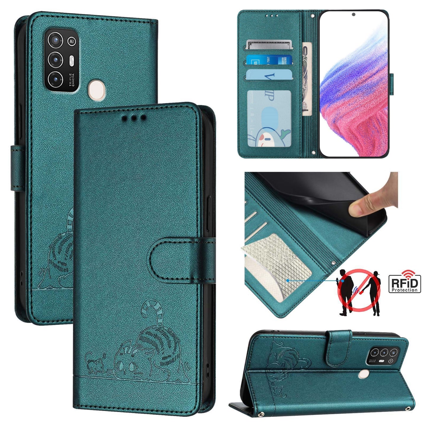 ZTE Blade A52 Cat & Rat Embossed RFID Leather Case, Lanyard, Wallet, Card Slots, Kickstand, Anti-Fall, Scratch-Resistant