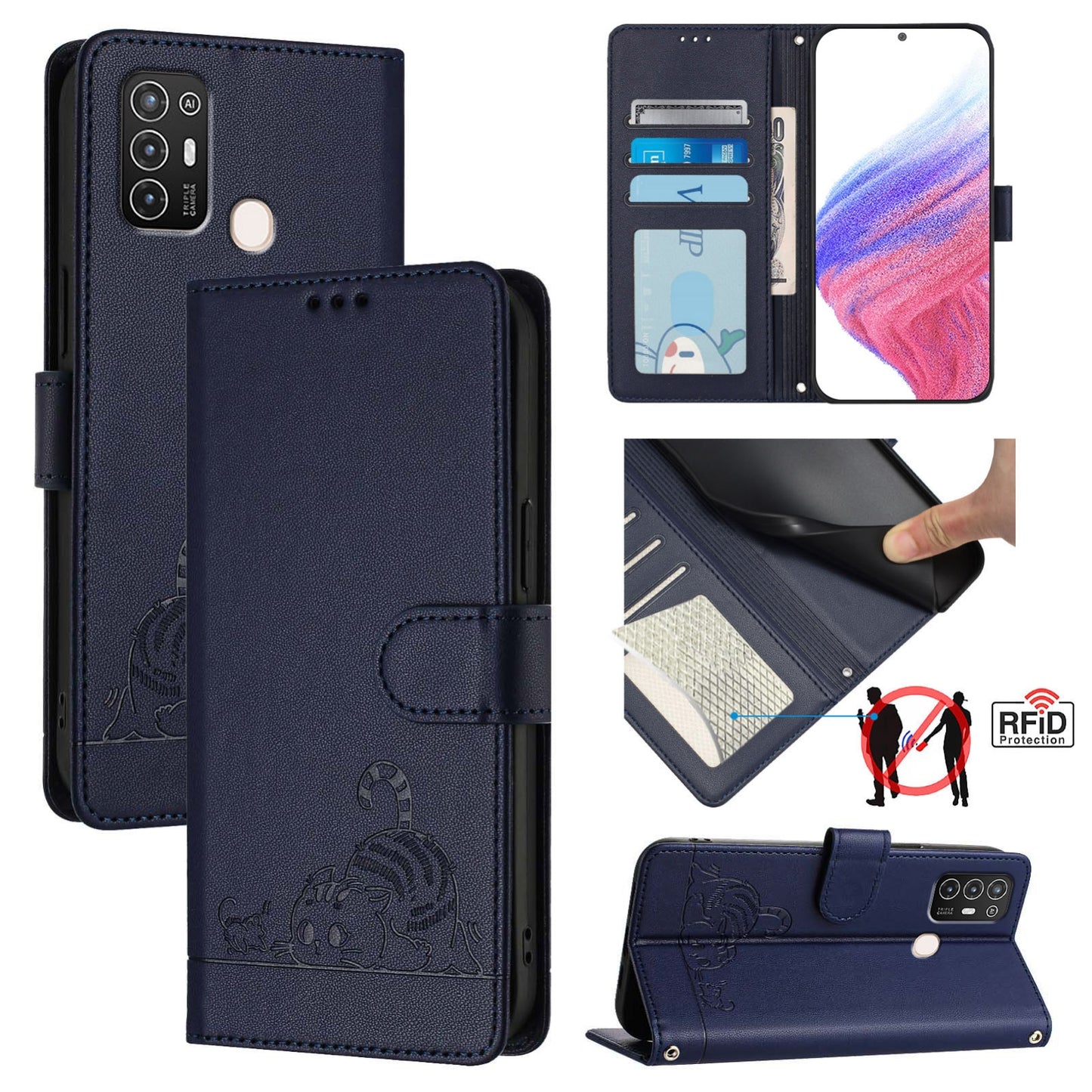 ZTE Blade A52 Cat & Rat Embossed RFID Leather Case, Lanyard, Wallet, Card Slots, Kickstand, Anti-Fall, Scratch-Resistant