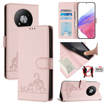 ZTE Blade A73 5G Cat & Rat Embossed RFID Leather Case, Lanyard, Wallet, Card Slots, Kickstand, Anti-Fall, Scratch-Resistant