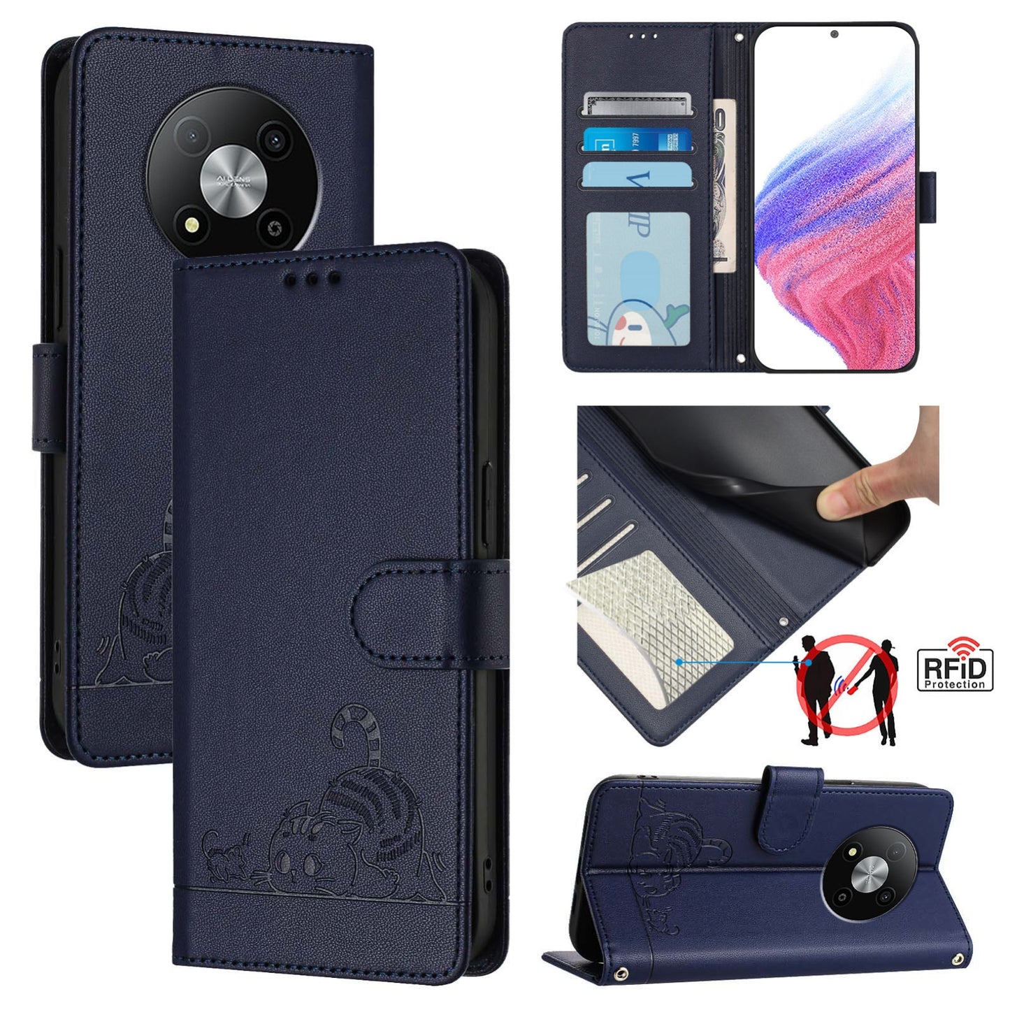 ZTE Blade A73 5G Cat & Rat Embossed RFID Leather Case, Lanyard, Wallet, Card Slots, Kickstand, Anti-Fall, Scratch-Resistant