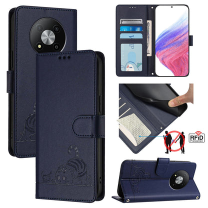 ZTE Blade A73 5G Cat & Rat Embossed RFID Leather Case, Lanyard, Wallet, Card Slots, Kickstand, Anti-Fall, Scratch-Resistant