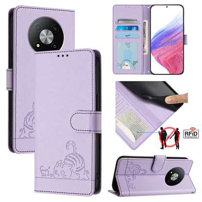 ZTE Blade A73 5G Cat & Rat Embossed RFID Leather Case, Lanyard, Wallet, Card Slots, Kickstand, Anti-Fall, Scratch-Resistant