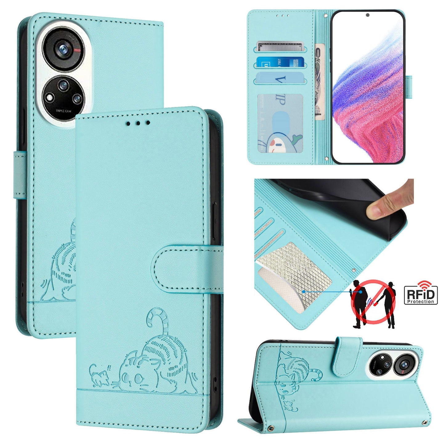 ZTE Blade V40s Cat & Rat Embossed RFID Leather Case, Lanyard, Wallet, Card Slots, Kickstand, Anti-Fall, Scratch-Resistant