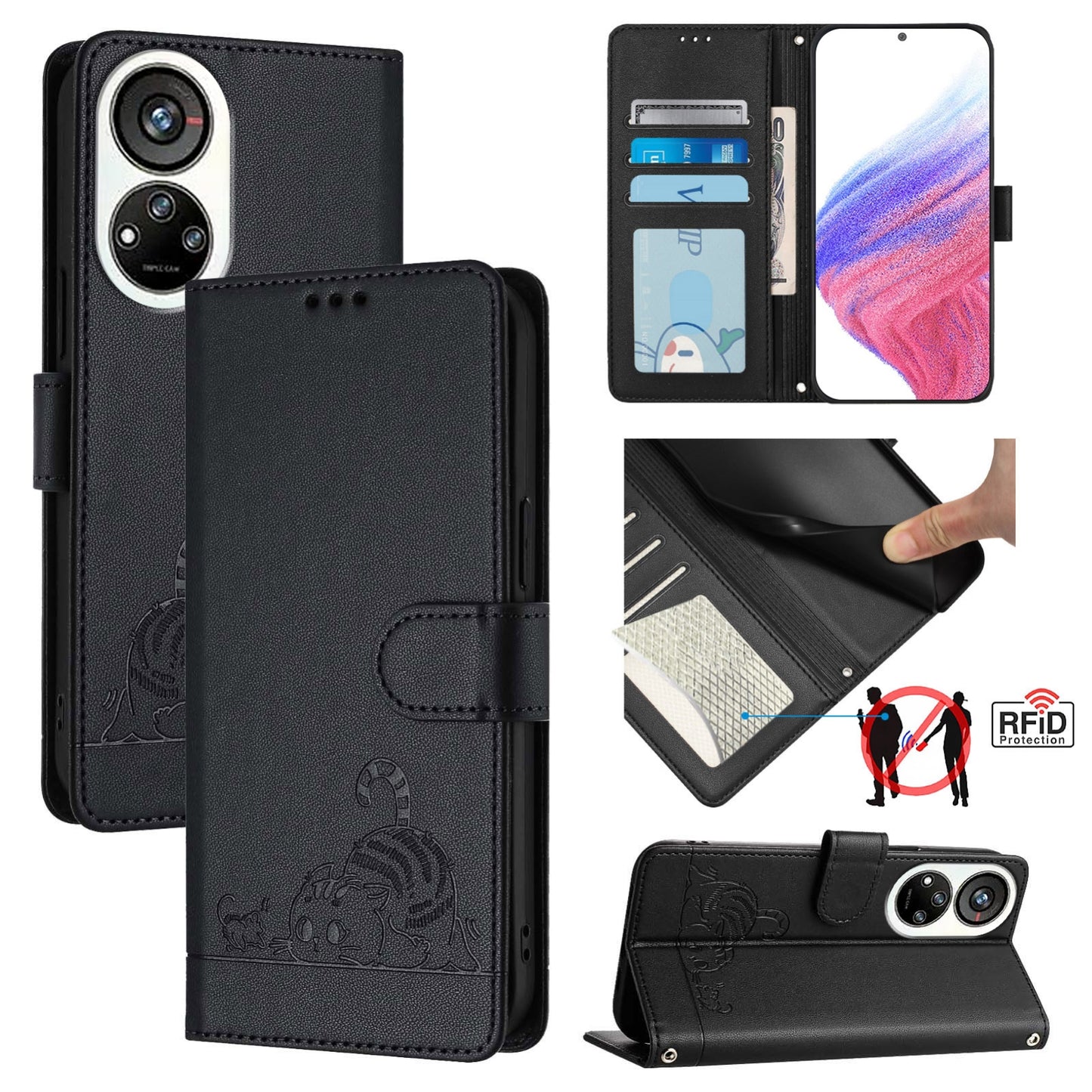 ZTE Blade V40s Cat & Rat Embossed RFID Leather Case, Lanyard, Wallet, Card Slots, Kickstand, Anti-Fall, Scratch-Resistant