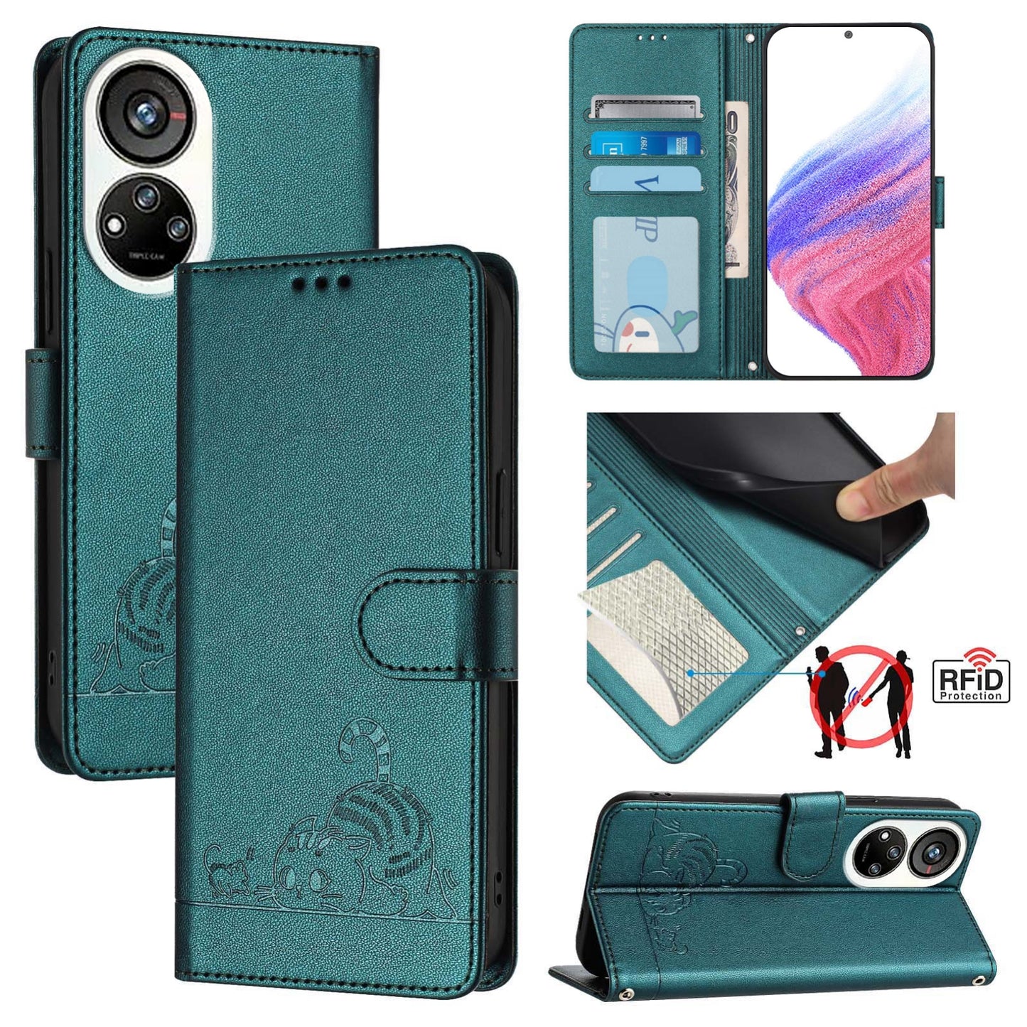 ZTE Blade V40s Cat & Rat Embossed RFID Leather Case, Lanyard, Wallet, Card Slots, Kickstand, Anti-Fall, Scratch-Resistant