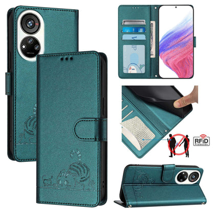 ZTE Blade V40s Cat & Rat Embossed RFID Leather Case, Lanyard, Wallet, Card Slots, Kickstand, Anti-Fall, Scratch-Resistant
