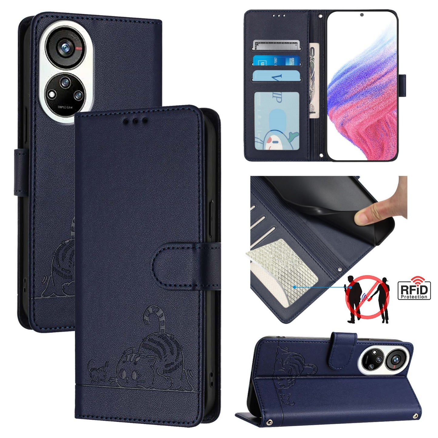 ZTE Blade V40s Cat & Rat Embossed RFID Leather Case, Lanyard, Wallet, Card Slots, Kickstand, Anti-Fall, Scratch-Resistant
