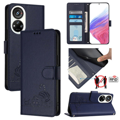 ZTE Blade V40s Cat & Rat Embossed RFID Leather Case, Lanyard, Wallet, Card Slots, Kickstand, Anti-Fall, Scratch-Resistant