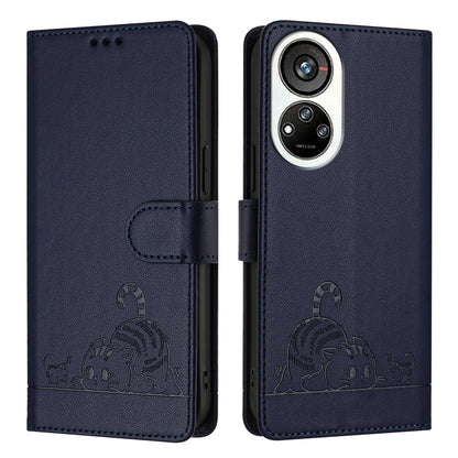ZTE Blade V40s Cat & Rat Embossed RFID Leather Case, Lanyard, Wallet, Card Slots, Kickstand, Anti-Fall, Scratch-Resistant