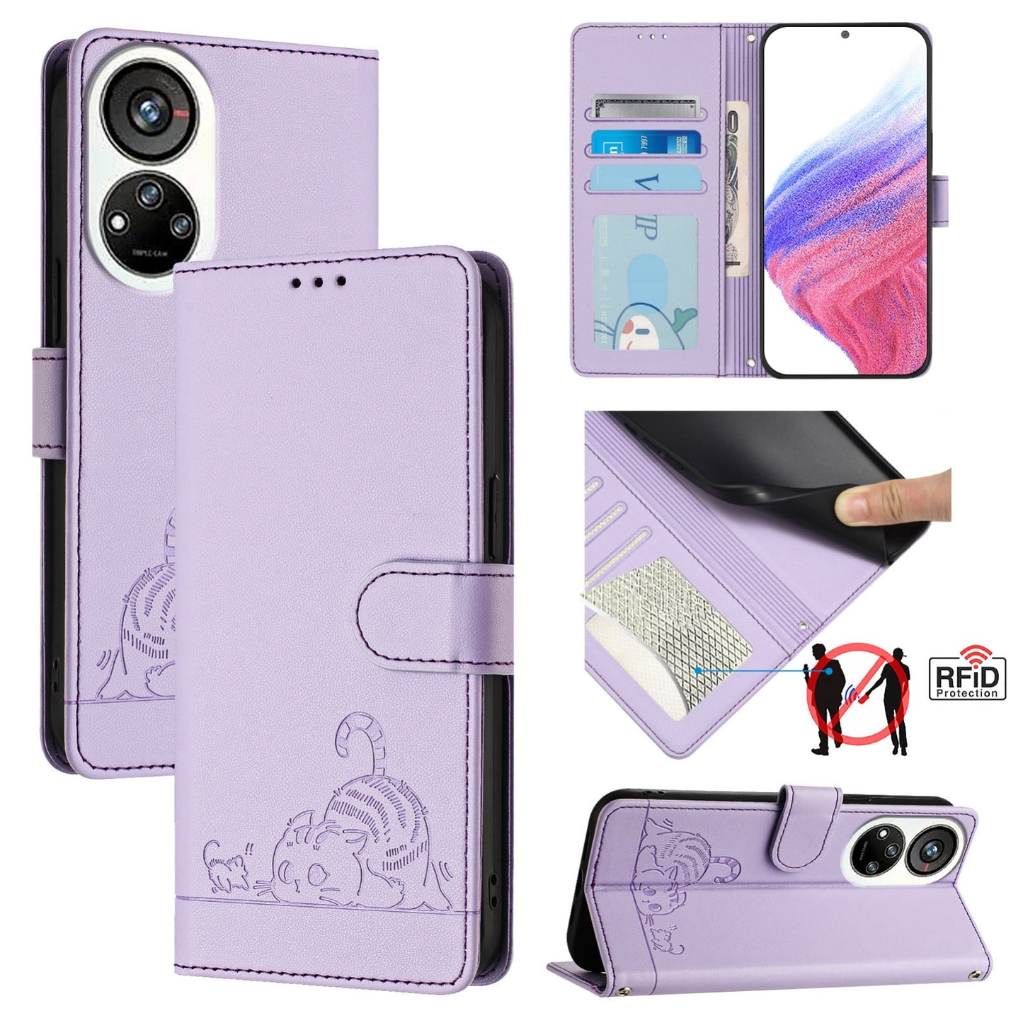 ZTE Blade V40s Cat & Rat Embossed RFID Leather Case, Lanyard, Wallet, Card Slots, Kickstand, Anti-Fall, Scratch-Resistant
