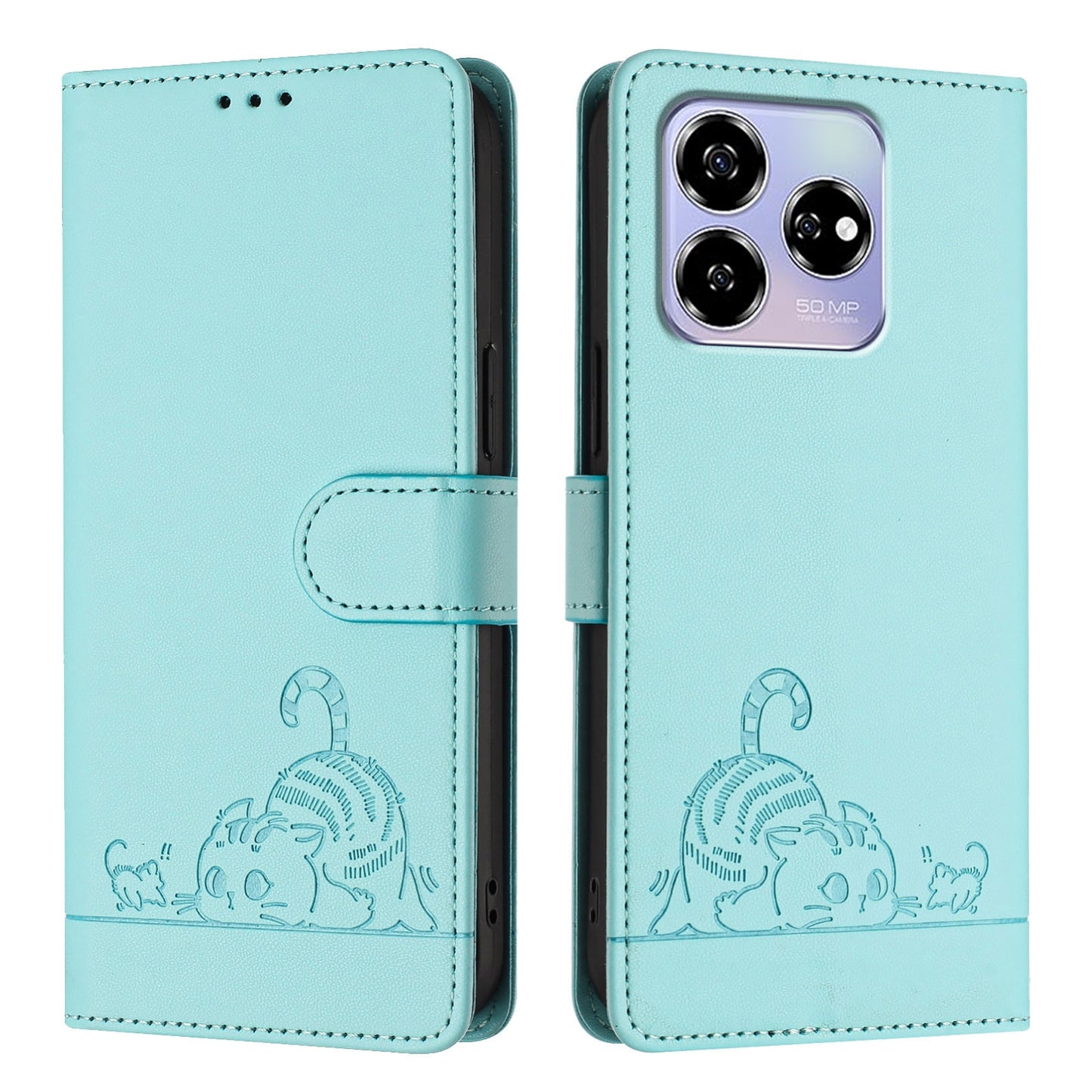 ZTE Axon 60 4G Cat & Rat Embossed RFID Leather Case, Lanyard, Wallet, Card Slots, Kickstand, Anti-Fall, Scratch-Resistant
