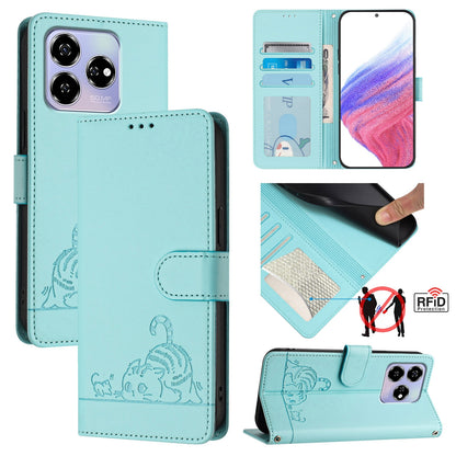 ZTE Axon 60 4G Cat & Rat Embossed RFID Leather Case, Lanyard, Wallet, Card Slots, Kickstand, Anti-Fall, Scratch-Resistant