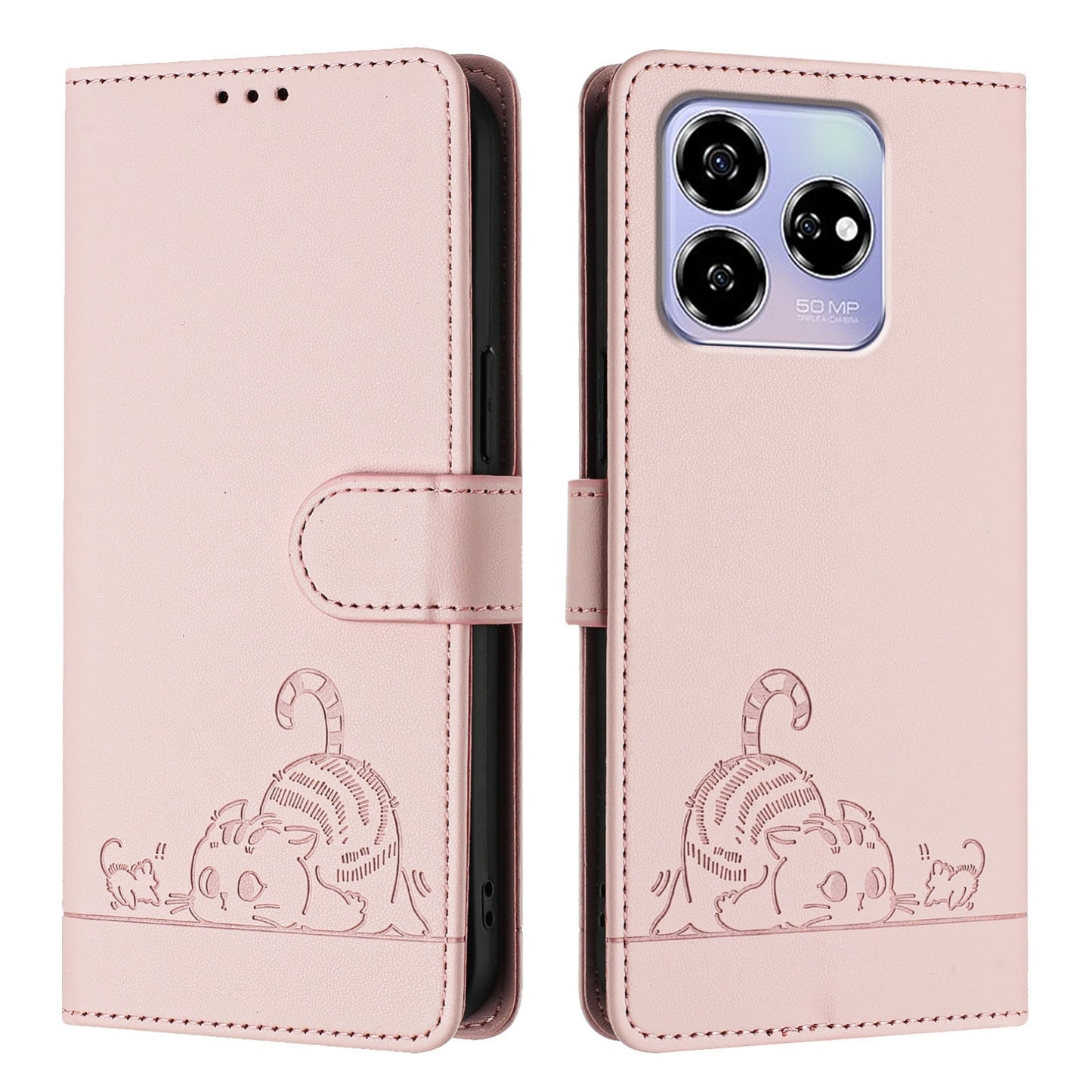 ZTE Axon 60 4G Cat & Rat Embossed RFID Leather Case, Lanyard, Wallet, Card Slots, Kickstand, Anti-Fall, Scratch-Resistant