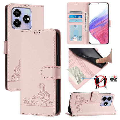 ZTE Axon 60 4G Cat & Rat Embossed RFID Leather Case, Lanyard, Wallet, Card Slots, Kickstand, Anti-Fall, Scratch-Resistant