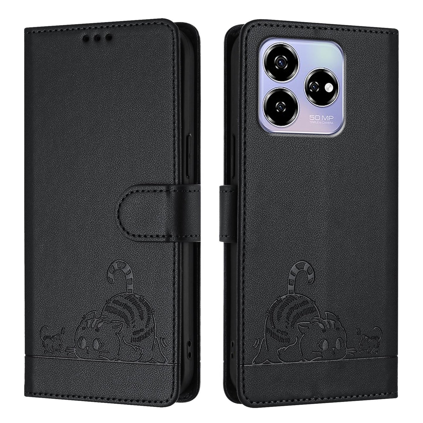 ZTE Axon 60 4G Cat & Rat Embossed RFID Leather Case, Lanyard, Wallet, Card Slots, Kickstand, Anti-Fall, Scratch-Resistant