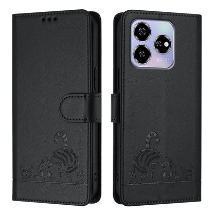 ZTE Axon 60 4G Cat & Rat Embossed RFID Leather Case, Lanyard, Wallet, Card Slots, Kickstand, Anti-Fall, Scratch-Resistant