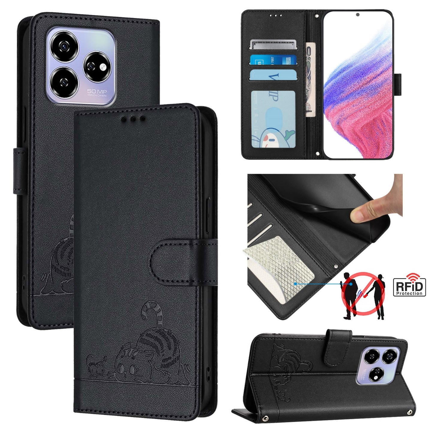 ZTE Axon 60 4G Cat & Rat Embossed RFID Leather Case, Lanyard, Wallet, Card Slots, Kickstand, Anti-Fall, Scratch-Resistant