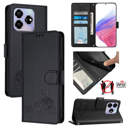 ZTE Axon 60 4G Cat & Rat Embossed RFID Leather Case, Lanyard, Wallet, Card Slots, Kickstand, Anti-Fall, Scratch-Resistant