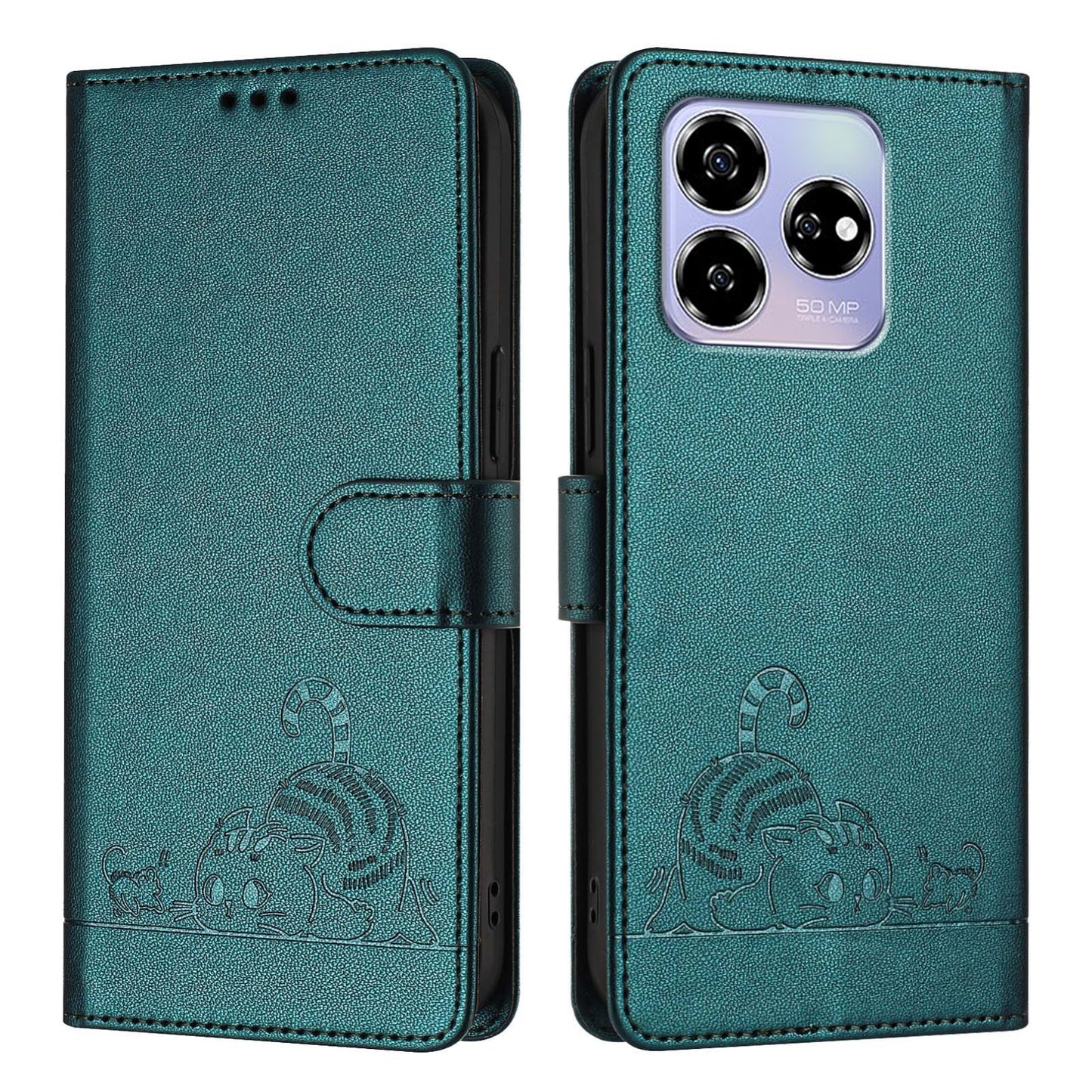 ZTE Axon 60 4G Cat & Rat Embossed RFID Leather Case, Lanyard, Wallet, Card Slots, Kickstand, Anti-Fall, Scratch-Resistant