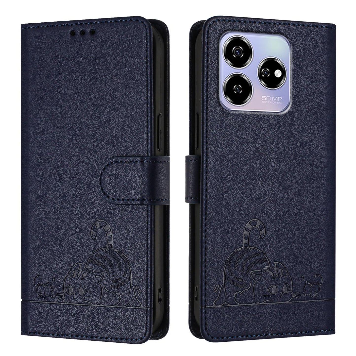 ZTE Axon 60 4G Cat & Rat Embossed RFID Leather Case, Lanyard, Wallet, Card Slots, Kickstand, Anti-Fall, Scratch-Resistant