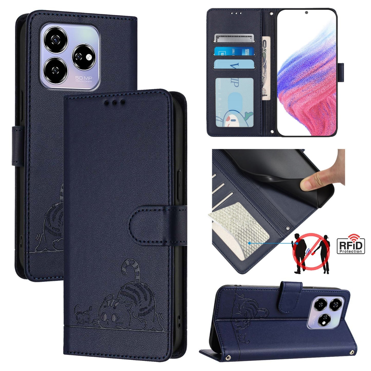 ZTE Axon 60 4G Cat & Rat Embossed RFID Leather Case, Lanyard, Wallet, Card Slots, Kickstand, Anti-Fall, Scratch-Resistant
