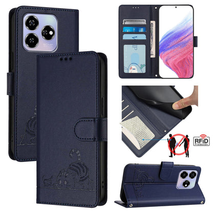 ZTE Axon 60 4G Cat & Rat Embossed RFID Leather Case, Lanyard, Wallet, Card Slots, Kickstand, Anti-Fall, Scratch-Resistant