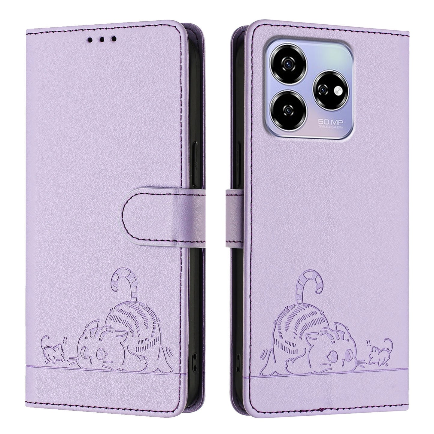 ZTE Axon 60 4G Cat & Rat Embossed RFID Leather Case, Lanyard, Wallet, Card Slots, Kickstand, Anti-Fall, Scratch-Resistant