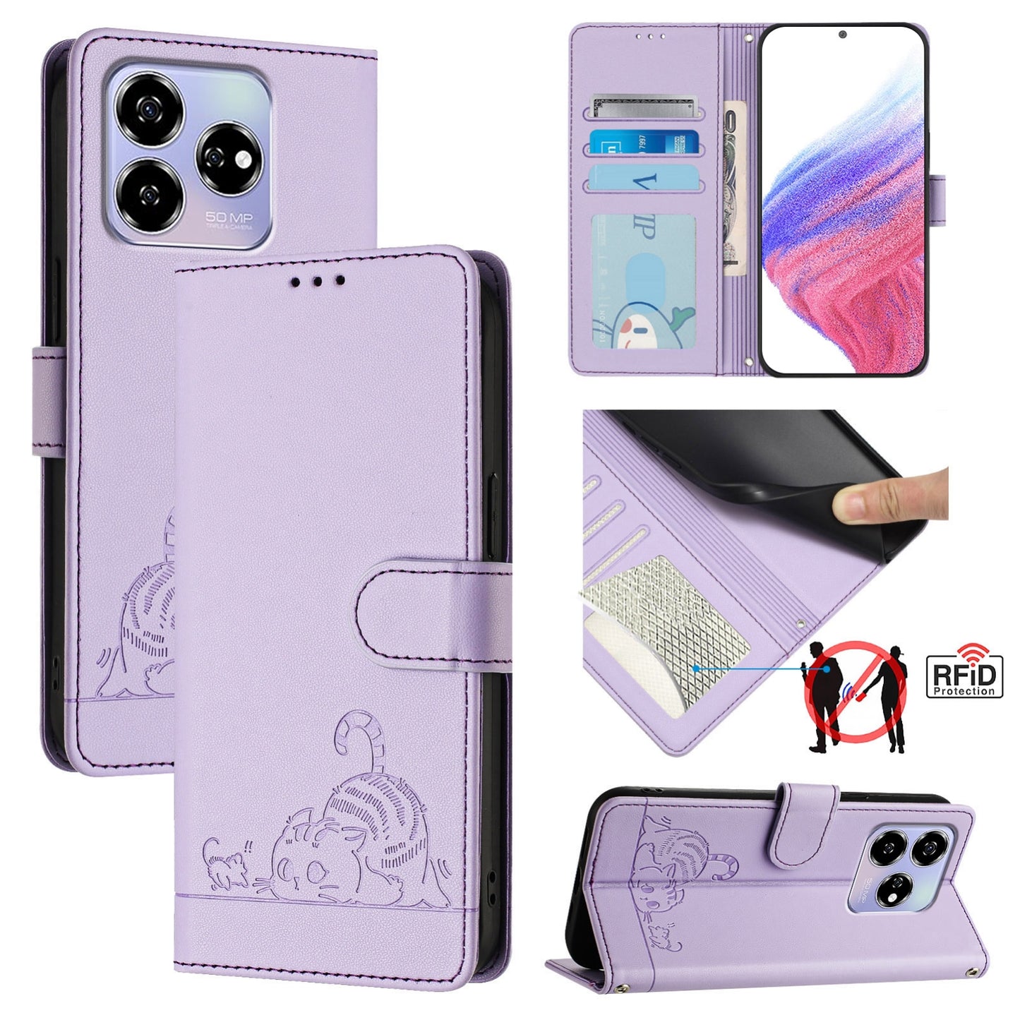 ZTE Axon 60 4G Cat & Rat Embossed RFID Leather Case, Lanyard, Wallet, Card Slots, Kickstand, Anti-Fall, Scratch-Resistant