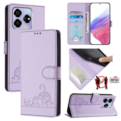 ZTE Axon 60 4G Cat & Rat Embossed RFID Leather Case, Lanyard, Wallet, Card Slots, Kickstand, Anti-Fall, Scratch-Resistant
