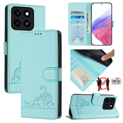 ZTE Blade A55 Cat & Rat Embossed RFID Leather Case, Lanyard, Wallet, Card Slots, Kickstand, Anti-Fall, Scratch-Resistant