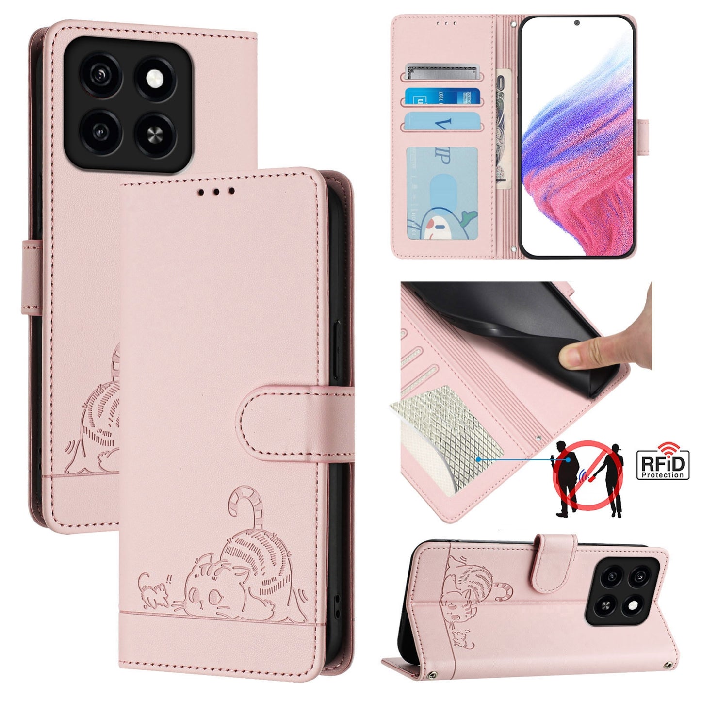 ZTE Blade A55 Cat & Rat Embossed RFID Leather Case, Lanyard, Wallet, Card Slots, Kickstand, Anti-Fall, Scratch-Resistant