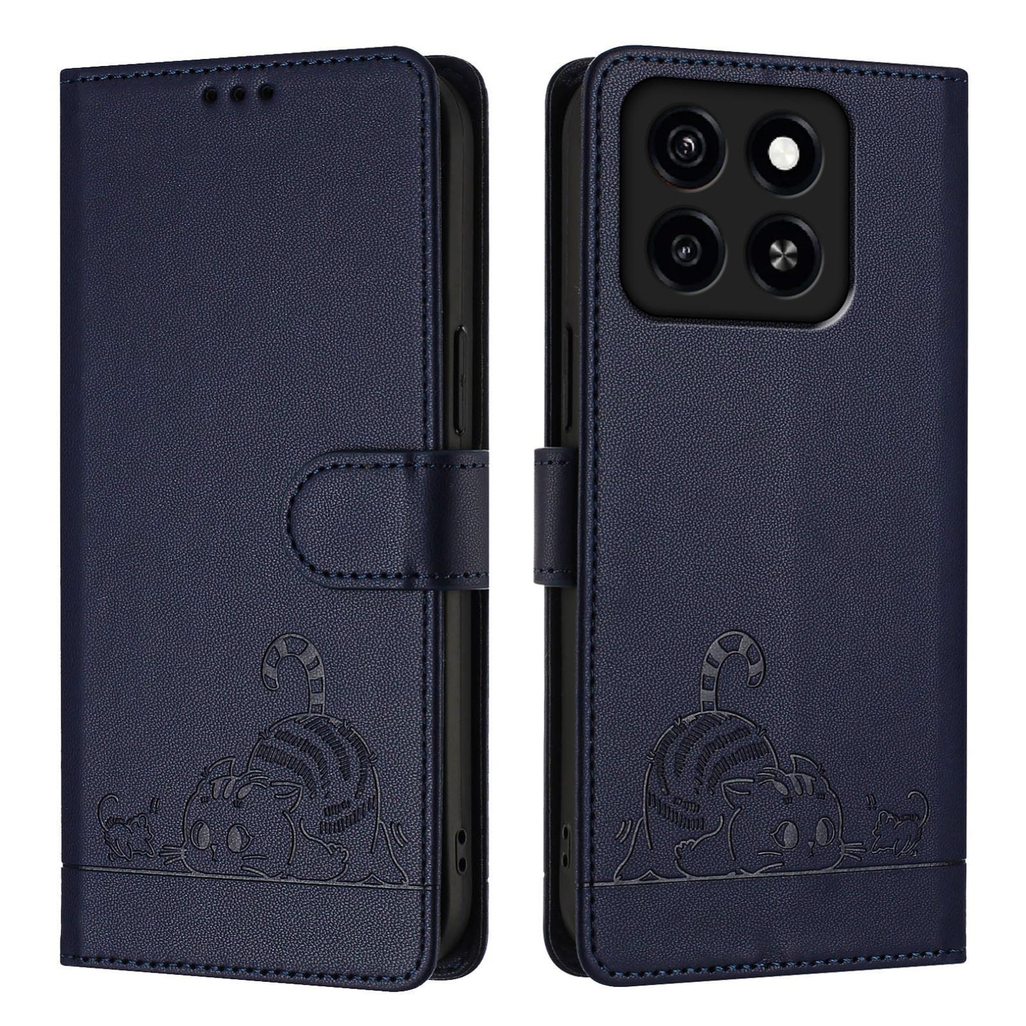 ZTE Blade A35 Cat & Rat Embossed RFID Leather Case, Lanyard, Wallet, Card Slots, Kickstand, Anti-Fall, Scratch-Resistant