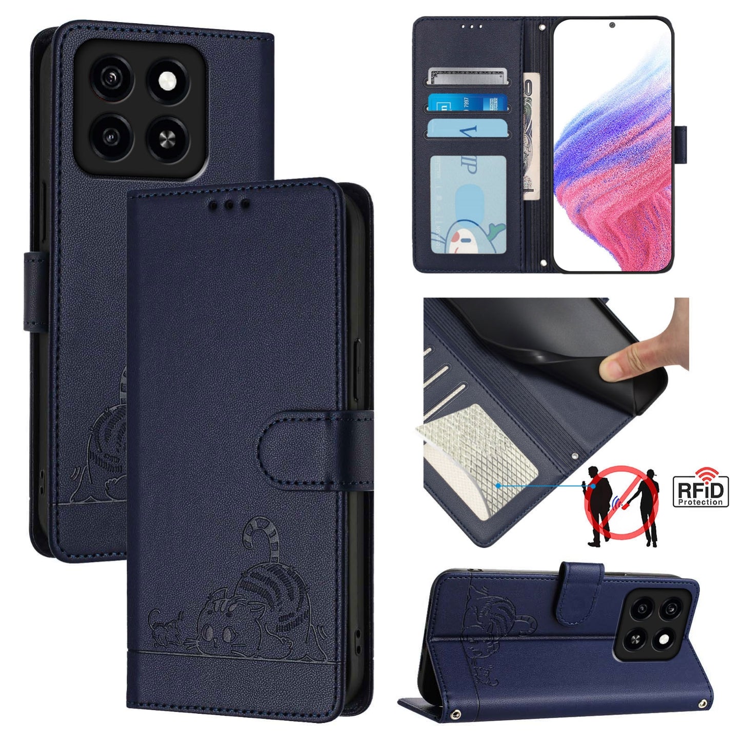 ZTE Blade A55 Cat & Rat Embossed RFID Leather Case, Lanyard, Wallet, Card Slots, Kickstand, Anti-Fall, Scratch-Resistant