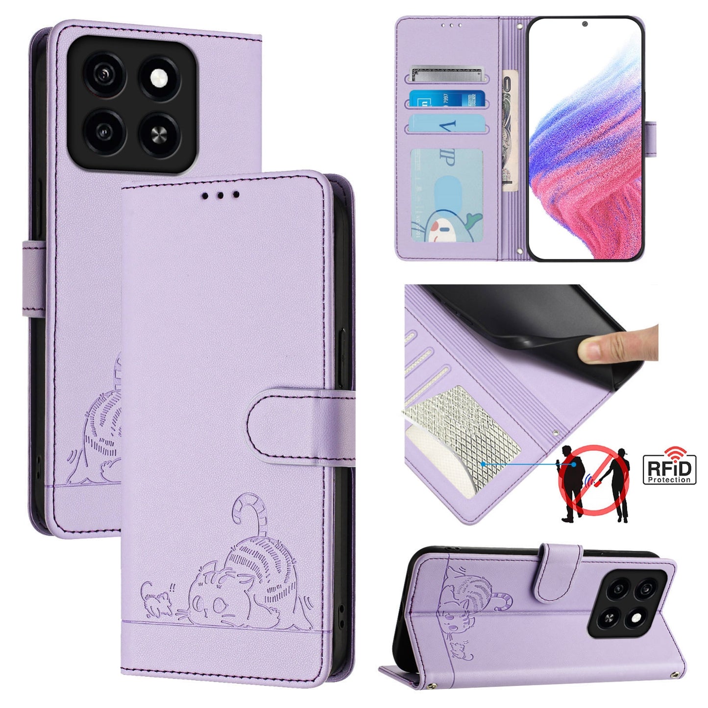 ZTE Blade A35 Cat & Rat Embossed RFID Leather Case, Lanyard, Wallet, Card Slots, Kickstand, Anti-Fall, Scratch-Resistant