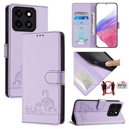 ZTE Blade A35 Cat & Rat Embossed RFID Leather Case, Lanyard, Wallet, Card Slots, Kickstand, Anti-Fall, Scratch-Resistant