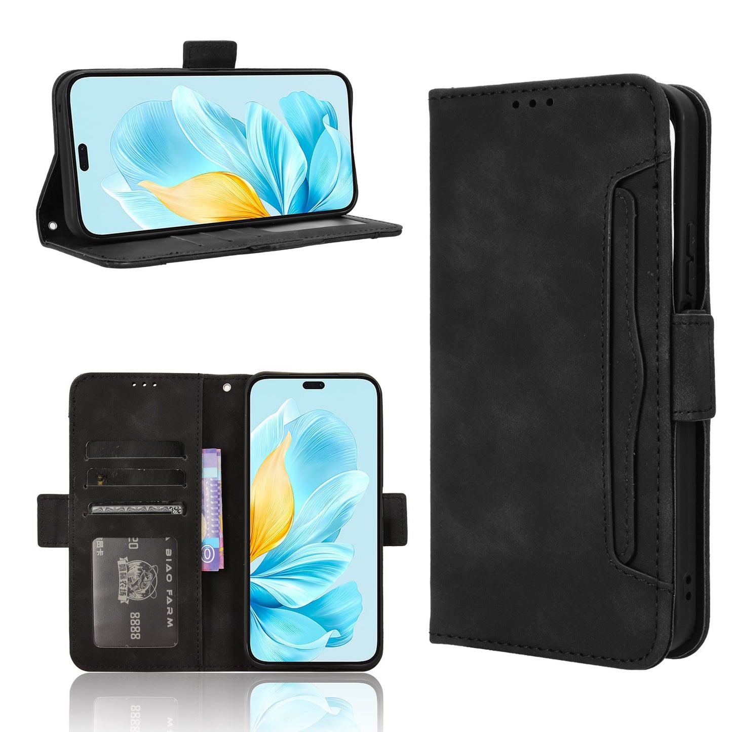 Honor 200 Lite Skin Feel PU Leather Wallet Phone Case with Card Slots, Cash Pocket, Magnetic Closure, Built-In Stand, Full Protection TPU Cover