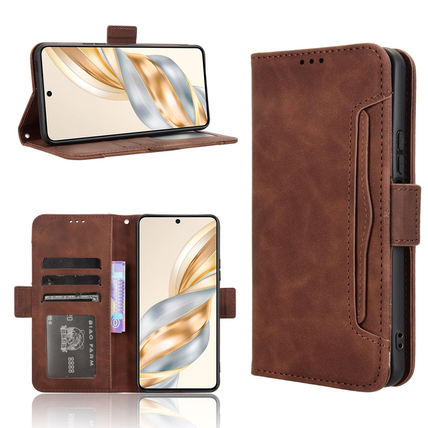 Honor X60 5G Skin Feel PU Leather Wallet Phone Case with Card Slots, Cash Pocket, Magnetic Closure, Built-In Stand, Full Protection TPU Cover
