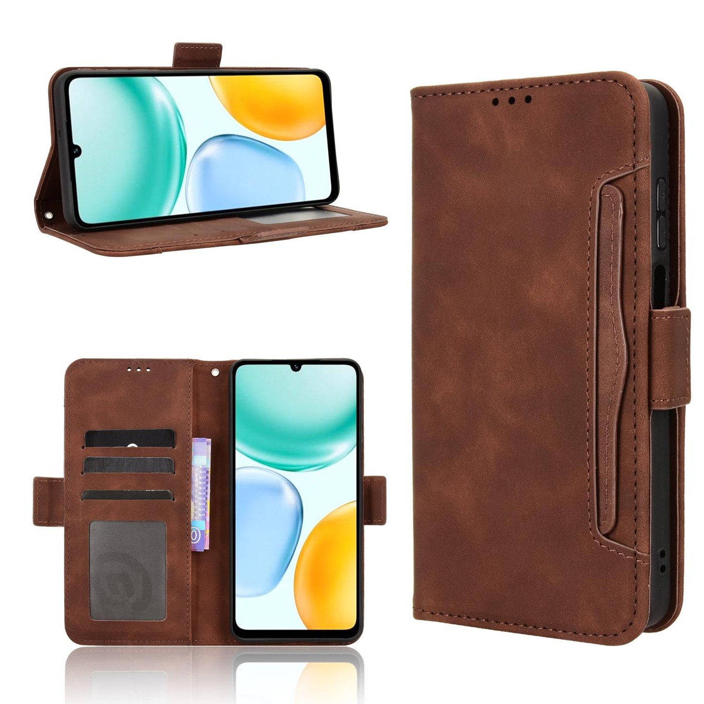 Honor X5c Plus 4G Skin Feel PU Leather Wallet Phone Case with Card Slots, Cash Pocket, Magnetic Closure, Built-In Stand, Full Protection TPU Cover