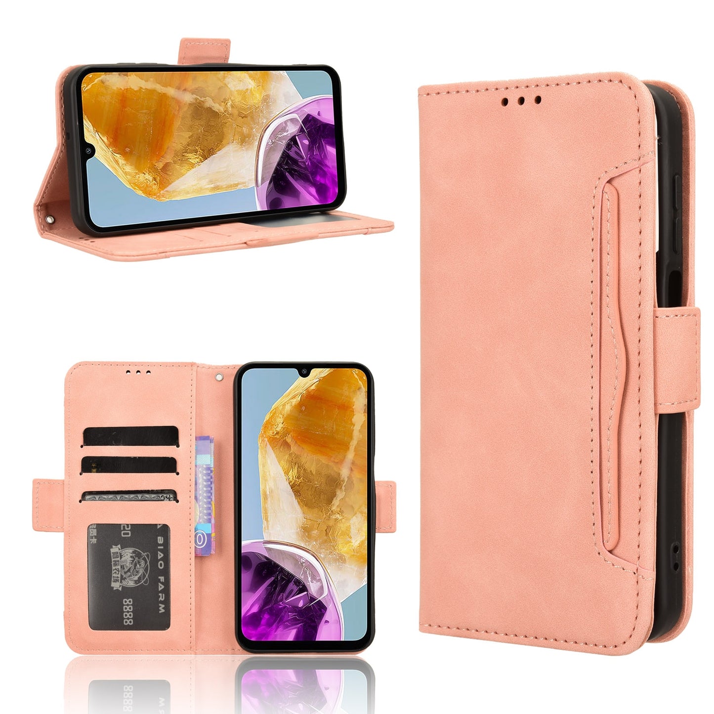 Samsung Galaxy F15 Skin Feel PU Leather Wallet Phone Case with Card Slots, Cash Pocket, Magnetic Closure, Built-In Stand, Full Protection TPU Cover